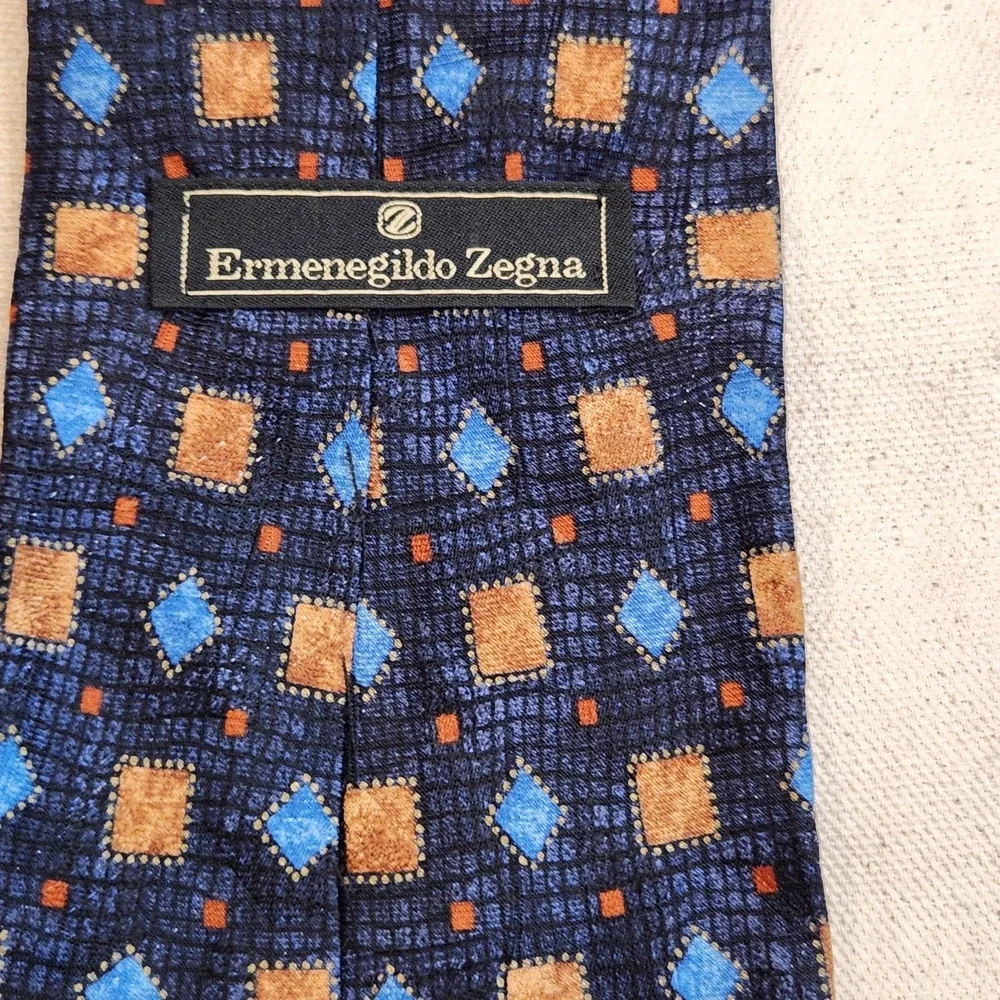Ermenegildo Zegna Men's Silk Necktie Blue Brown Geometric Pattern Italian Design